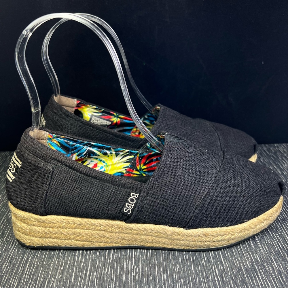 BOBS from Skechers Size 7.5 Black Espadrilles Canvas Wedge Women’s Shoes 34101